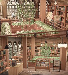 the interior of a library with bookshelves, desks and trees in it