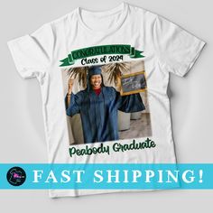 Graduation T-shirt for Graduating Class of 2023, Gift for a Graduate, Personalized T-shirt with Graduate Picture, Custom Graduation Shirt Hi! Welcome to our shop! Our main objective here at My Fashion Tees is your upmost satisfaction. Please message us with any questions you have about our products and services. Thank for taking time to check out what our shop has to offer! PRINTING PROCESS: We use the direct to garment (DTG) printing process, which uses water based textile ink. Each shirt is pr White Pre-shrunk Tops For Graduation, White Pre-shrunk Top For Graduation, Graduation Letter Print Crew Neck T-shirt, White T-shirt With Letter Print For Graduation, Cotton T-shirt With Custom Print For Graduation, Graduation Custom Print Short Sleeve T-shirt, Graduation Graphic Print Short Sleeve T-shirt, Custom Print Short Sleeve T-shirt For Graduation, White Custom Print Top For Graduation