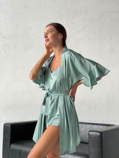 This pajama set made for your comfort and cozy home aesthetic mood. It will perfectly fit for breakfast, relaxing during the day, home party and of course for sleeping! Handmade pajama set will make you feel stylish while offering incredible comfort. It is made from very pleasant and soft fabric This set includes a robe that is as cool and cozy as pajamas. you can order a set or you can separately We can also make pajamas according to your taste and color! This pajama is made for a relaxed fit a Summer Satin Home Sets, Silk Summer Sleepwear For Home, Silk Sleepwear Sets For Summer, Elegant Summer Bedtime Robe, Chic Summer Sleep Robe, Chic Spring Sleepwear Set, Chic Sleep Sets For Spring, Summer Wrap Sleepwear For Home, Elegant Wrap Sleepwear For Home