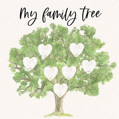 a family tree with white hearts hanging from it's branches and the words, my family