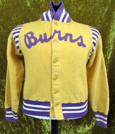 "Beautiful Varsity Jacket from the 1940's. Stitched with \"Burns\", from Burns, Oregon. Overall the jacket is in really great shape, it is missing one of the buttons. Otherwise expect some wear that you would from an item of this age but no stains or holes, very much intact. The color was hard to capture and the pictures seem to have two different shades but it is a darker yellow and much closer to the darker examples in the photos.  Approximate Measurements: Chest (Pit to Pit) 20\" Pit to Sleeve 19\" Total Length 22\"" Retro Varsity Jacket, Varsity Jacket Vintage, Retro Cotton Varsity Jacket For School, Rockabilly Long Sleeve Outerwear For Fall, Retro Winter Varsity Jacket, Dehen 1920 Varsity Jacket, Fitted Retro Cotton Varsity Jacket, 1950s Varsity Jacket, 50s Letterman Jacket