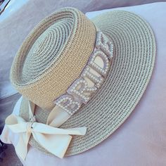 Straw bride hat with embellished pearl lettering Panama Beach, Pearl Bride, Pearl Letters, Luxury Brides, Bride Hat, Bridal Hat, Bachelorette Trip