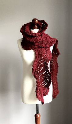 The laces scarf is crocheted in a blended wool and acrilic. Color- burgundy , cherry, The lent-about 92 inches The scarf I will send in a beautiful eco paper box. Also the item can be shipped by express shipping (DHL). Than Your order will be dispatched using our DHL courier service and can be delivered in 2-4 working days anytime between 8 am and 6:30 pm PLEASE, WRITE ME YOUR PHONE NUMBER and couriers will contact you to arrange time of delivery. Other scarves you can find here http://www.etsy. Crochet Scarf Unique, Crochet Lace Shawl For Winter, One Size, Winter Crochet Lace Shawl One Size, Crochet Lace Shawl One Size For Winter, One Size Crochet Lace Shawl For Winter, Winter Bohemian Shawl With Crochet Lace, Winter Bohemian Crochet Lace Shawl, Bohemian Crochet Lace Shawl For Winter, Winter Crochet Lace Shawl