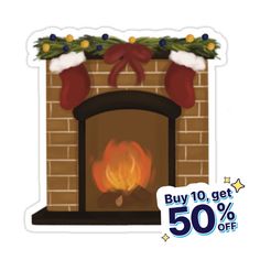 a christmas fireplace with stockings and stockings on it's mantle for 50 % off