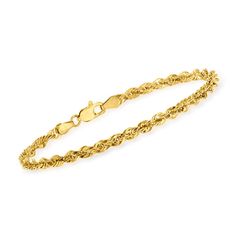 Simple, elegant, and all you need for a hint of glamour! This 3.2mm rope-chain bracelet gleams in polished 14kt yellow gold. Choice of lengths 7" and 8" Lobster clasp 14kt yellow gold rope-chain bracelet Gift Boxed 2.1 Grams 1/8" Width Gold Woven Bracelet, Bracelet Gift Box, Triple Hoop Earrings, Women Bracelets, Yellow Gold Bangle, Gold Rope Chains, Mesh Bracelet, Chain Extenders, Gold Bangle Bracelet