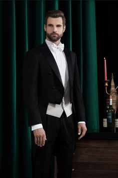 Men Wedding Suits Black Tailcoat Groom Texudos White Wedding Tuxedo, Black Tuxedo Wedding, Coat Tails, Made To Measure Suits, Wedding Tux, Black Suit Wedding, Wedding Tuxedo, Groom Tuxedo, Concept Clothing