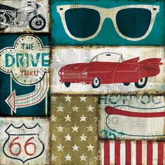 an image of a poster with cars and motorcycles on it's sides, including the words drive thru