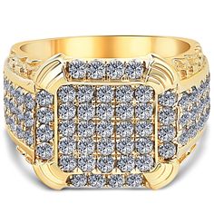 a yellow gold ring with rows of white diamonds on the sides and two rows of round cut