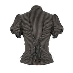 Steampunk Bubble Short Sleeved Striped Brown Women Slim Cotton Blouse Steampunk Shorts, Female Outfits, Steampunk Style, Puff Sleeve Blouse, Women Hoodies Sweatshirts, Steampunk Fashion, Slim Fit Shirt, Striped Fabrics, Women Lace