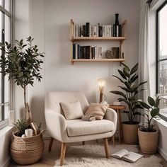 a living room filled with lots of furniture and bookshelves next to a window