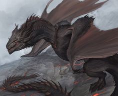 a large black dragon standing on top of a mountain