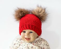 This red beanie hat with brown faux fur pom poms is perfect for fall, spring and winter. Perfect for everyday wear and also perfect for gifting or for a special photo session. This adorable beanie hat is the perfect accessory for your little one and you. You can buy either the baby's size, adult size, or both so you are matching! Made using a soft acrylic yarn (The yarn is soft and delicate on the skin and is non-itchy). The hat has no visible seams, it is absolutely handmade, soft, cute and comfy. Hats are available in many sizes. Preemie size fits premature babies from about 5lb (2.3kg) up to either 7 or 8lb (3.2 or 3.6kg). Usually the best fit for older premature babies or those smaller newborns. Newborn size fits babies from a minimum weight of 7lb (3.2kg) upwards.  You can see the hat Red Beanie Hat, Newborn Girl Hat, Preemie Hats, Fur Pom Pom Beanie, Kids Hat, Red Beanie, Premature Baby, Toddler Hat, Red Baby