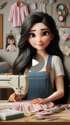 a doll is sitting at a sewing machine