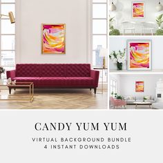 a living room filled with furniture and pictures on the wall above it is an advertisement for candy yum's virtual background bundle