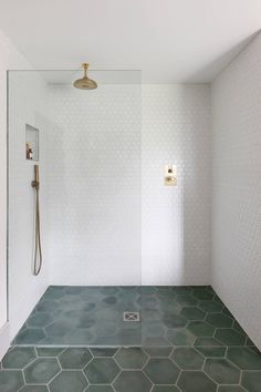 an empty bathroom with hexagonal tile flooring and gold shower faucet