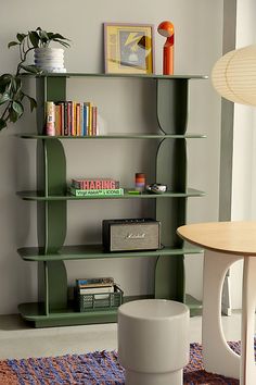 a living room with green shelves and a rug