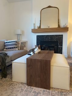 a cat laying on top of a wooden table in front of a couch and fireplace