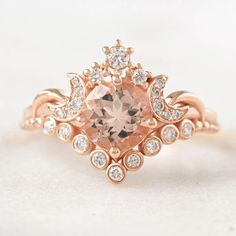 Round Morganite Moons and Stars Engagement Ring, 14k Rose Gold, "Moonlight" For Sale at 1stDibs Celestial Engagement Ring, Moon Phase Ring, Moons And Stars, Elegant Engagement Rings, Pink Morganite, Diamond Ring Settings, Dream Ring, Gemstone Engagement Rings, Jewelry Rings Engagement