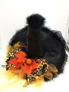 Autumn Halloween fall leaves with pumpkin & feathers lace ladies large black Witch Hat Hat Measures 21" in Diameter New With Tag Witch Of The Woods, Crow Witch, Black Witch Costume, Black Witch Hat, Black Witch, Autumn Halloween, Witch Costume, Halloween Fall, Costume Hats