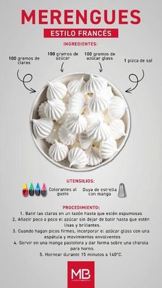 an advertisement for meringues with white chocolates in a bowl