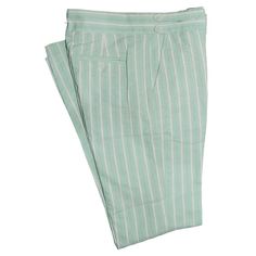 A Must-Have Style In Every Man’s Wardrobe, You Will Never Look Boring Again With These Striped Trousers In Green And White. Elegantly Made With High Quality Craftsmanship In A Straight Fit, Flat-Front Style From Premium Quality Cotton Seersucker, These Trousers Feature A Button And Zip Closure With A Wide Waistband With Two Extended Fastening Tabs. This Pair Of Men's Pants Is Perfect For Work And Everyday Wear, Business Meetings, Parties, Gala Dinners Or Summer Weddings. Buy It For Yourself, Or Green Pants With Pockets For Daywear, Green Cotton Pants For Daywear, Green Bottoms With Pockets For Daywear, Green Summer Pants With Welt Pockets, White Pants With Welt Pockets For Summer, Gurkha Pants, Green Cotton Pants, Striped Trousers, Trouser Outfit