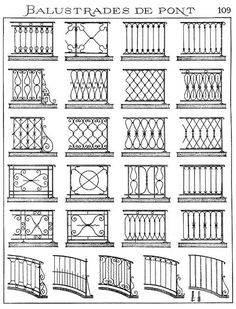 balustrades and railings in different styles, vintage line drawing or engraving