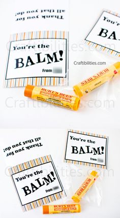 three different labels with orange and white stripes on them, one says you're the balm