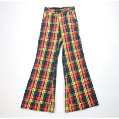 Vtg 60s 70s Mens 28x34 Rainbow Plaid Cuffed Extra Wide Leg Bell Bottoms Pants Mens Pants USA made Mens size 28 (no tag, check measurements) Measurements are: 14 inches across the waist laid flat 34 inch inseam 43.5 inches from top to bottom 13 inch leg open Multicolor Cotton Blend US Shipping is FREE Canada is $15 and International is $24 Check out my other items in my store! PR753 Retro Fitted Cotton Pants, Retro Wide Leg Bottoms, Retro Plaid Bottoms With Pockets, 70s Fashion Men Hippie, 70s Inspired Cotton Wide Leg Pants, 70s Inspired Wide Leg Cotton Pants, Retro Full-length Cotton Pants, Retro Wide Leg Cotton Pants, 70s Inspired Wide Leg Cotton Bottoms