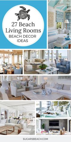 the beach living room is decorated in white and blue