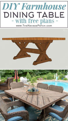 an outdoor dining table with blue cushions next to a swimming pool and text overlay that reads diy farmhouse dining table with free plans