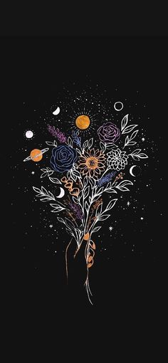 a bouquet of flowers on a black background with stars and moon in the night sky