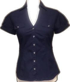 Navy Formal Top With Buttons, Elegant Navy Tops With Button Closure, Fitted Tops With Snap Buttons For Business Casual, Fitted Navy Shirt With Button Closure, Navy Fitted Shirt With Button Closure, Fitted Office Blouse With Snap Buttons, Fitted Blouse With Snap Buttons For Office, Navy Workwear Tops With Button Closure, Navy Button Closure Top For Work