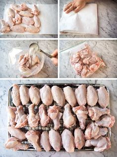 the process of making chicken wings is shown in four different stages, including drying and cooking