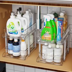 two clear shelves filled with different types of cleaning products on top of a tiled wall