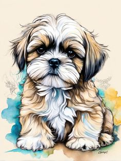 a small brown and white dog sitting on top of a blue and yellow watercolor background