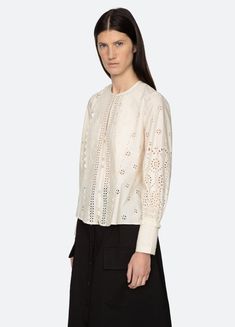 The Lainey embroidered button down top features long sleeves and delicate eyelet embroidery throughout. Details: self-100% cotton embroidery-100% polyester button front designed for a relaxed fit style #AW24-037 model is 5'10'' and wearing a size S Black Teva, Marlene Hose, Mood Indigo, Eyelet Embroidery, Chic Top, Cotton Embroidery, Business Outfit, Embroidery Blouse, Engineered Garments