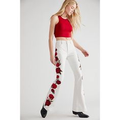 Fall In Love With These So Perfect Flares, Featured In A High-Rise, Curve-Hugging Silhouette With Stunning Floral Embroidery Down The Sides For An Added Touch Of Texture. Zip Fly And Button Closure Five-Pocket Design Soft, Stretch Denim By Driftwood Care/Import Machine Wash Cold Import Measurements For Size Regular Inseam: 34 In Contents 99% Cotton, 1% Spandex Brand New, With/Without Tags. May Have Been Tried On In Store, But In Like-New Condition. Line Thru Tag Is To Prevent Store Return Ec2 Jeans Free People, Hugging Silhouette, All Jeans, Flare Leg Pants, Free People Jeans, Free People Pants, Pull On Pants, Pocket Design, Colored Jeans