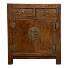 a wooden cabinet with two doors and knobs