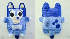 two crocheted stuffed animals made to look like they are wearing blue and white outfits