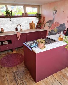 a kitchen with pink walls and wooden flooring has an island in front of the stove