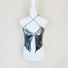 Silver Metallic Lettuce Hem Rhinestone Cutout Ruched Halter Tank Crop Top Size M Nwot - Never Worn Festival Rave Edm Party Y2k Beyonc Tour Edm Party, Rave Fits, Rave Edm, Tank Crop Top, Lettuce Hem, Halter Tank, Photoshoot Inspo, 20th Birthday, Hallows Eve