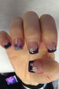 50 Festive Christmas Nail Art Designs To Wow This Season Gel Nails Square Winter, Purple Nails Winter, Purple Christmas Nail Designs, Toe Nail Designs For Winter, French Tip Winter Nails, Nails Purple And Silver, Christmas Nails Purple, Purple Christmas Nails, Trendy Nails Purple