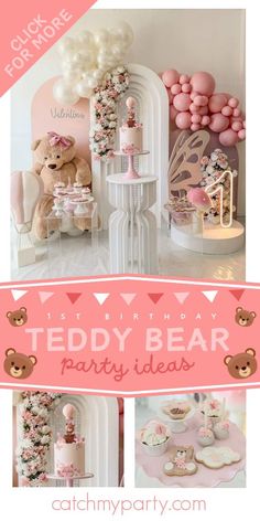 a teddy bear themed birthday party with pink and white decorations