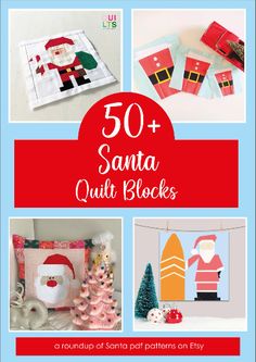 the cover of 50 santa quilt blocks with pictures of santas and other christmas decorations