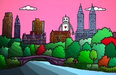 an image of a cartoon city skyline with buildings and trees in the foreground, on a pink sky background