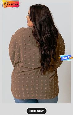 Brown Swiss Dot Textured Plus Size Shirt Polka Dot Long Sleeve Top With Relaxed Fit, Long Sleeve Polka Dot Top With Relaxed Fit, Plus Size Shirt, Dot Texture, Swiss Dot, Plus Size Shirts, On Sale, Dots, Plus Size