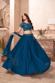 Teal Blue Faux Georgette Multi Sequins Embroidered Lehenga Choli Set with Dupatta Teal Blue Lehenga, Sequins Lehenga, Georgette Lehenga, Lehenga Fabric, Work Lehenga, Georgette Dupatta, Blue Lehenga, Embroidered Lehenga, Georgette Blouse