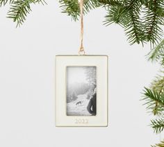 an ornament hanging from a christmas tree with a black and white photo on it