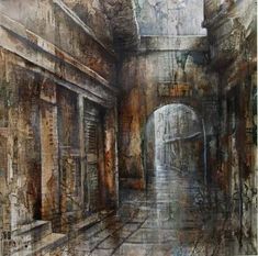 a painting of an alley way with no people