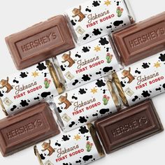 hershey's first rodeo chocolate bar wrappers are shown in five different designs